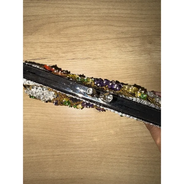 Small Satin Clutch Stitched And Beaded NWOT Floral Double Strap Handle T - Image 3