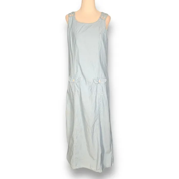 Vintage Light Wash‎ Cotton Midi Dress Sleeveless Pinafore Blue Medium Modest - Image 3