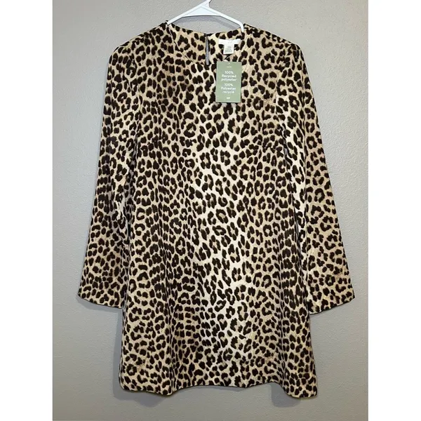 NEW H&M Tan Leopard Print Long Sleeve Shoulder Pad Mini Dress Women’s Size XS - Image 2