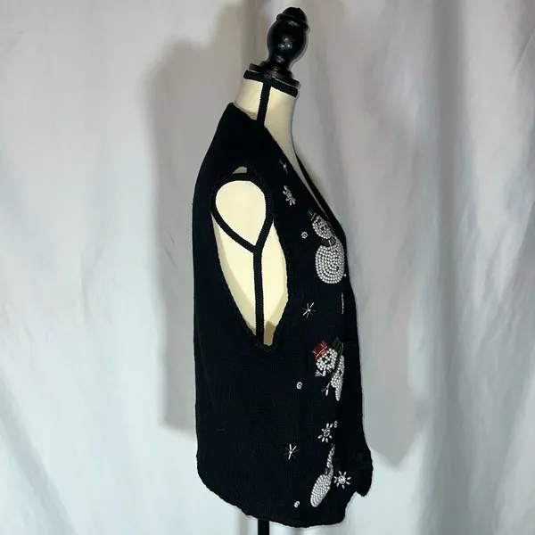 VICTORIA JONES • Vtg Christmas Vest Sweater Beaded Snowman Ugly Sweater Black Lg - Image 5
