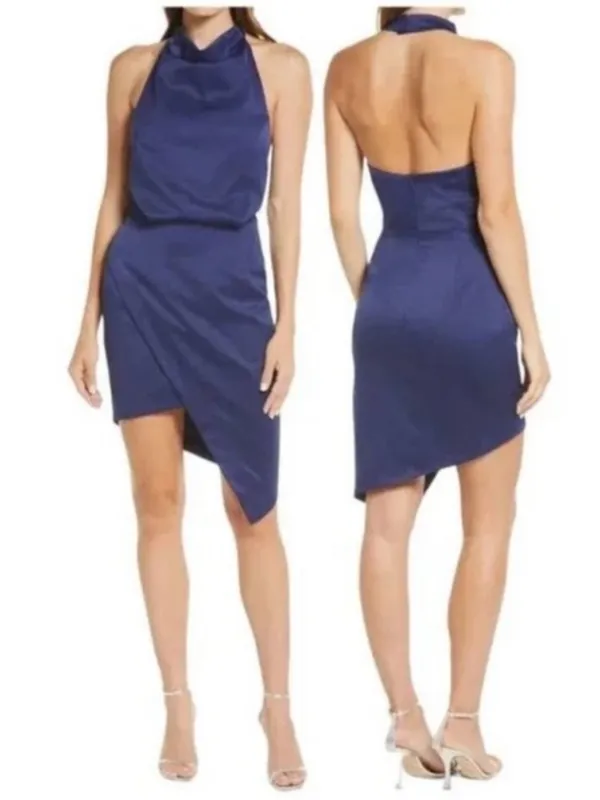 NWT Elliatt Navy Satin Asymmetrical Halter Mini Dress - Image 2