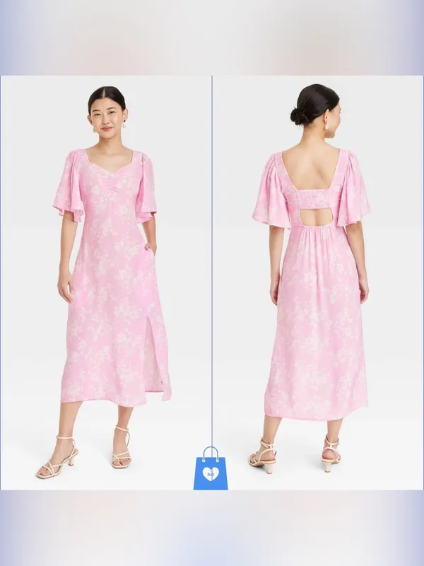 Womens Crepe Flutter Short Sleeve Midi Dress - A New Day - Pink Floral- Large - Image 2