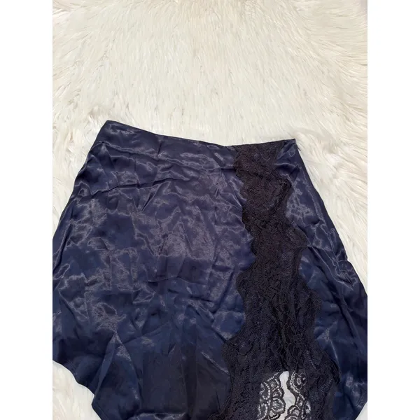 Zara Women's Size XS Satin Mini Skirt with Lace Navy Blue Black Asymmetric Slit - Image 5