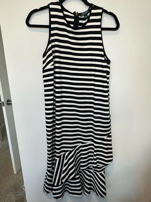 100% Cotton Ralph Lauren Women's Striped Asymmetrical Flounce Dress Blue White L - Image 7