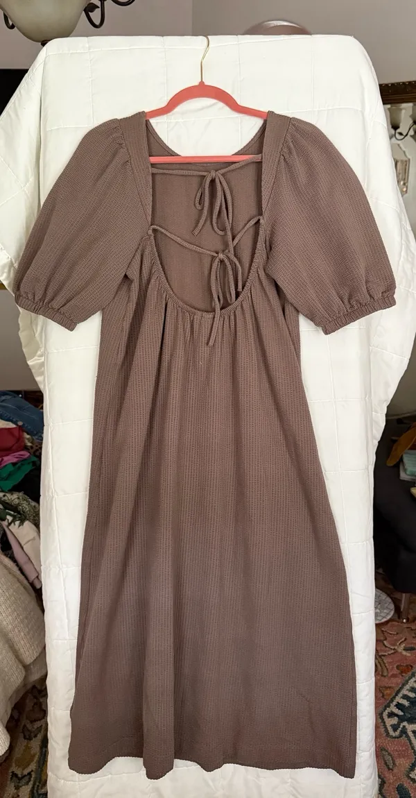 Long brown puff sleeve modest back tie dress fall style midi maxi long dress - Image 2