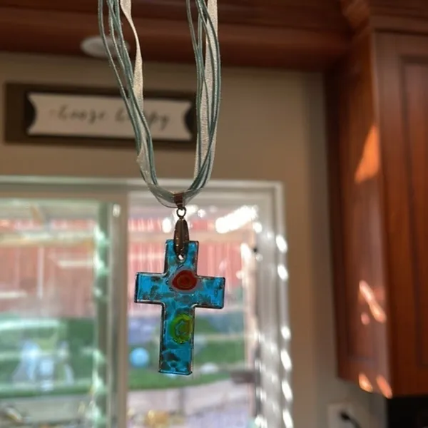 Handmade Glass cross with ribbon necklace. - Image 7