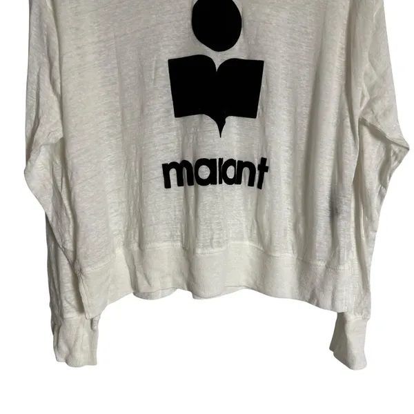 Isabel Marant White 100% Linen Graphic Logo Long Sleeve Knit Shirt Size Medium - Image 7
