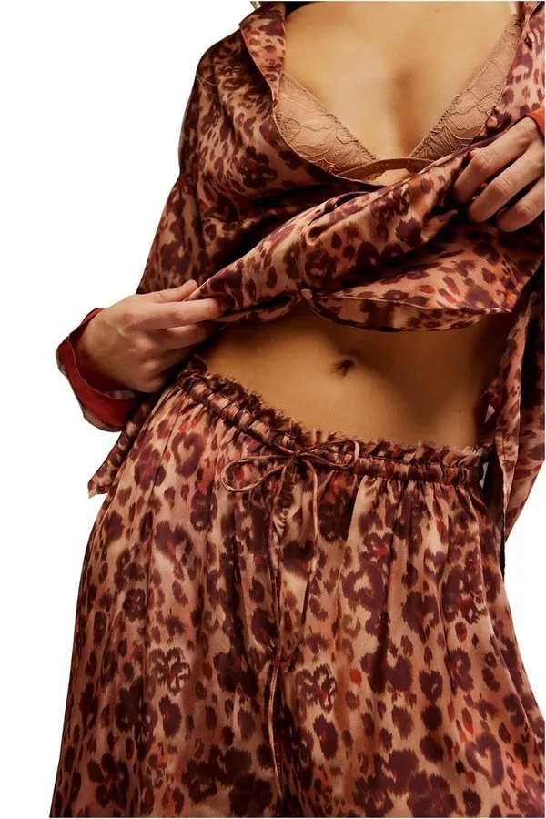 Intimately Free People Cheetah Leopard Floral Brown Silky Pajama Shirt Size L - Image 2