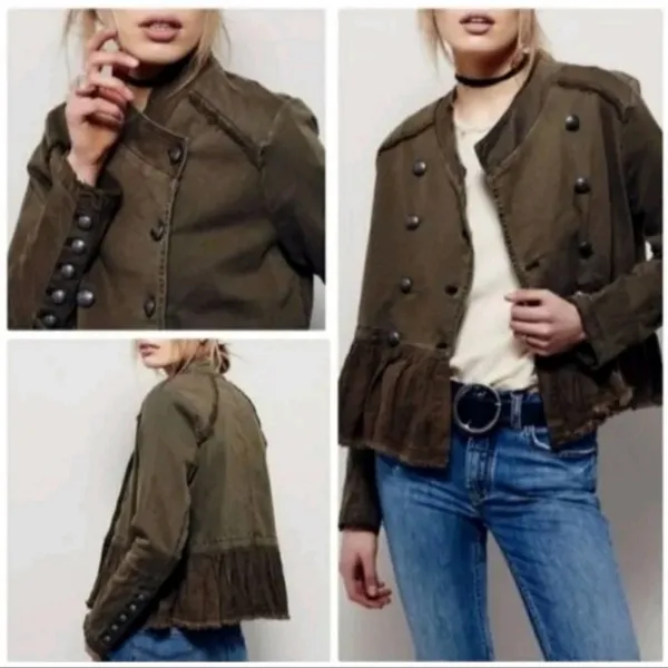 Free People Peplum Military Olive Green Ruffled Hem Double Breasted Jacket XS - Image 4