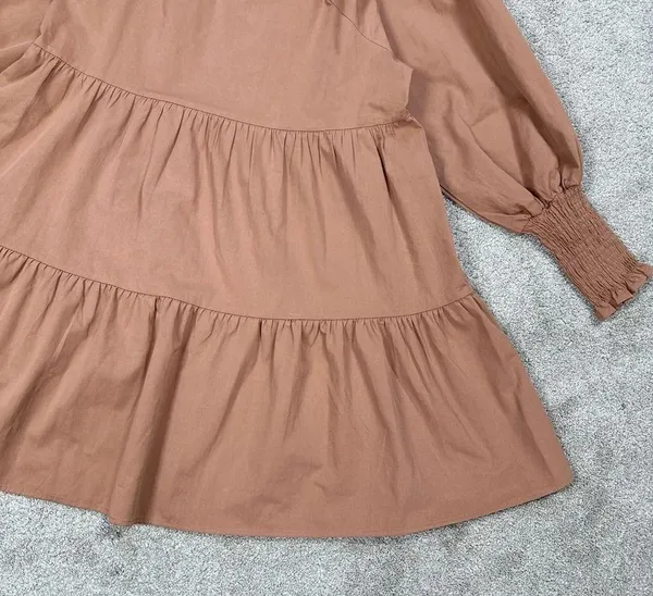 Bohme Makayla Mini Dress Smocked Balloon Sleeve Button Ruffle Tiered in Clay S - Image 12
