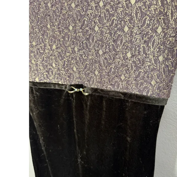 Opera Vintage Brown Velvet Gold Lace Maxi‎ Dress Sleeveless Side Slit Small - Image 4