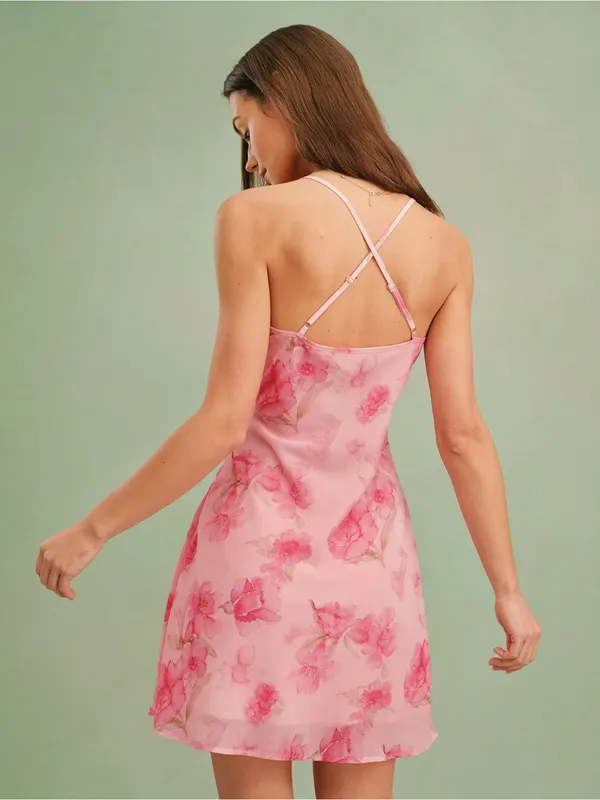 Rihoas Pink Floral Cowl Neck Slip Mini Dress - Image 4