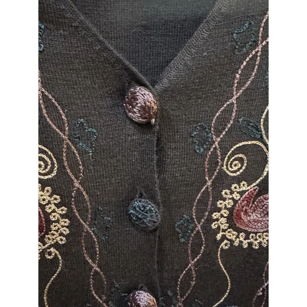 Vintage Carole Little Sweater Dress Duster Floral Embroidered Midi Wool Brown - Image 6