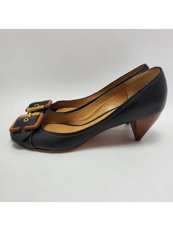 Chloe Leather Buckle Peep Toes Kitten Heels Slip On Pumps Size 37 Black - Image 4