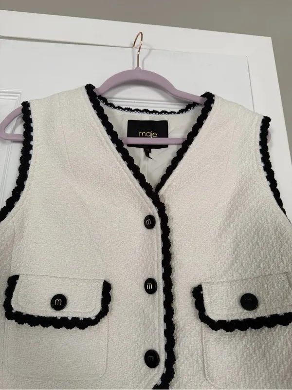 Maje Vitosio Tweed Vest Jacket Cream Black Lace Trim EU40 - Image 4