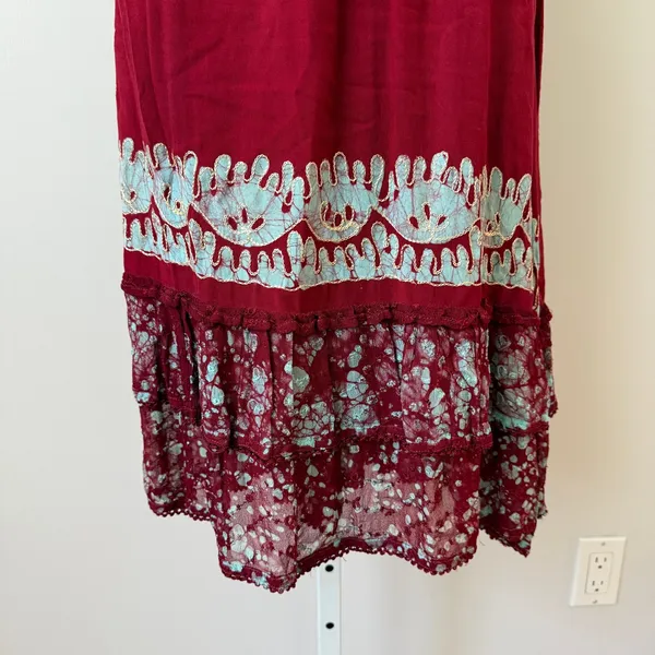 Fashion Terminal Cotton Boho Lagenlook Peasant Smocked Midi Dress OS Red - Image 3