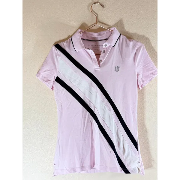 Tommy Hilfiger Polo Golf Shirt‎ Womens XS Pink Diagonal Stripe Regular Fit - Image 2