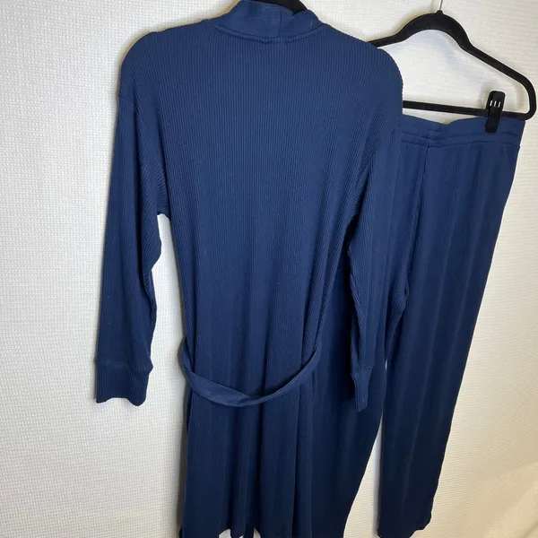 Lands End Womens Navy Blue Ribbed Knit Robe Pajama Pants Lounge Set‎ Size S 6-8 - Image 3