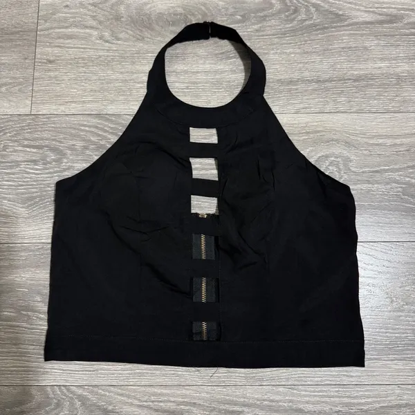 TOP CHIC Y2K Black‎ Cutout Halter Crop Top Zipper Back Gothic Punk Women L Rock - Image 7