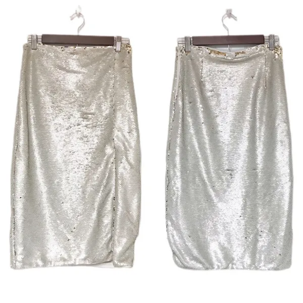 C&V Full Sequin Midi Skirt Size 0 Silver‎ Gold Pencil Metallic Holiday Party New - Image 3