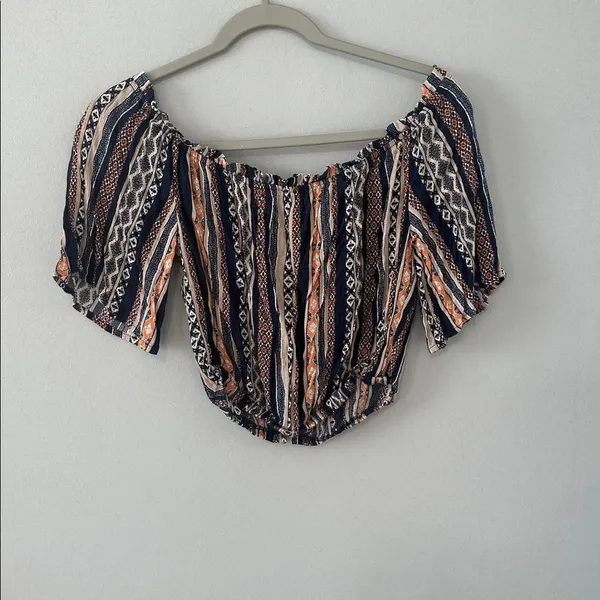 ILLA ILLA Women Crop Top Boho Off Shoulder Geometric Print Navy Orange Small - Image 2