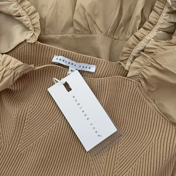 NWT! ENDLESS ROSE Mix Media Mini Dress Latte Brown Puff Sleeves Corset Bodice XS - Image 8