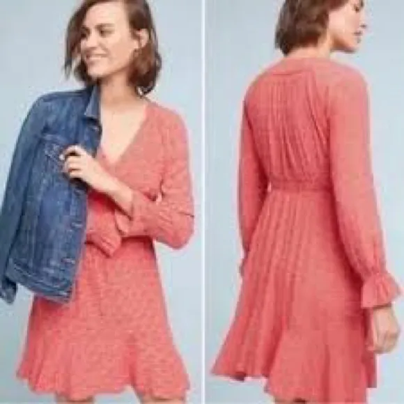 Maeve Coral Long-Sleeve V-Neck Ruffle-Cuff Dress 672 - Image 2
