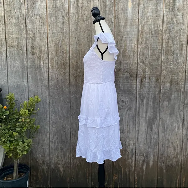 LEANI White Ruffle Smocked Babydoll Lined Tiered Mini Dress Size L - Image 5