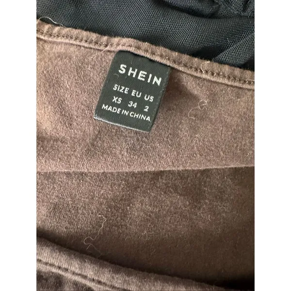 Brown Crop Top XS Square Neck Short Sleeve Fitted Stretch Basic Brown - Image 5