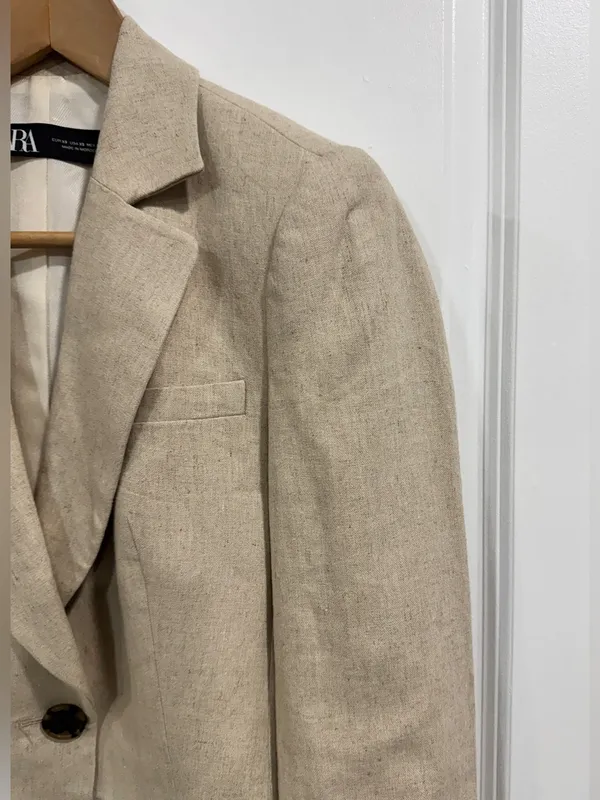 ZARA Beige Linen Blend Cropped Blazer Jacket Single Button Neutral Beige XS - Image 5