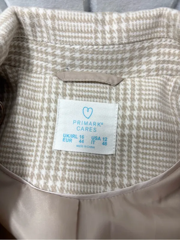 Primark Cream Plaid Long‎ Blazer Jacket Size 12 - Image 8