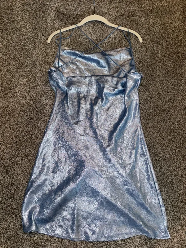 Zara Light Blue Foil Metallic Cowl Neck Mini Slip Dress - Image 3