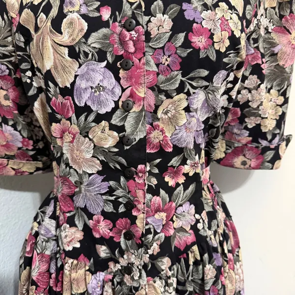 Miss Dorby Vintage 90s Floral Midi Dress L Black Purple Button‎ Front USA Made - Image 12