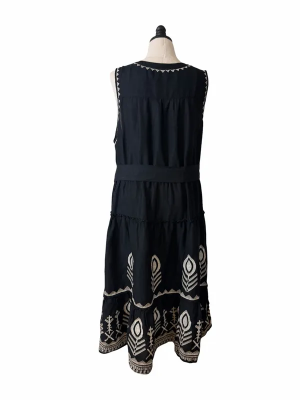 Soft Surroundings Embroidered Tiered Midi Dress Size 2X Linen Blend Belted Black - Image 6