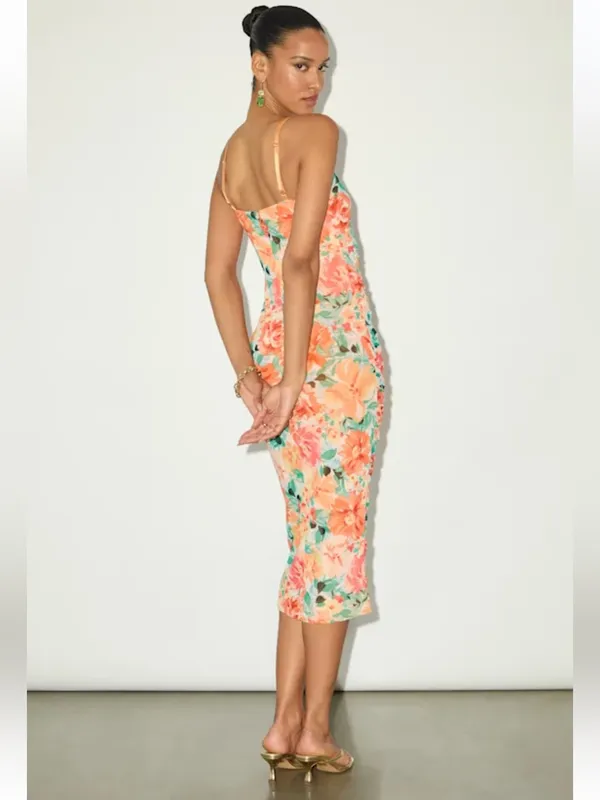 NWT * LULU’S Date Night Beauty Orange Floral Print Mesh Ruched Midi Dress Sm - Image 2