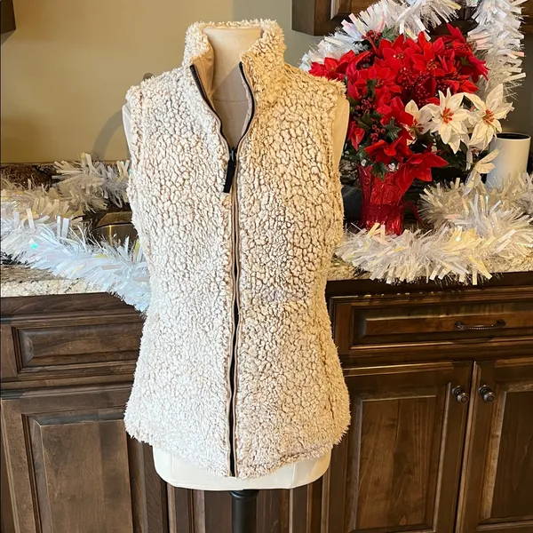 Puffer Vest Tan Reversible Frosted Sherpa Zip Ski Jacket Womens S Free Country - Image 5