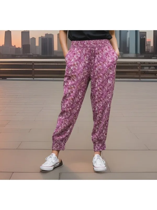Anthropologie Smocked Printed Abstract Pink Floral Joggers Pants Medium Boho - Image 2