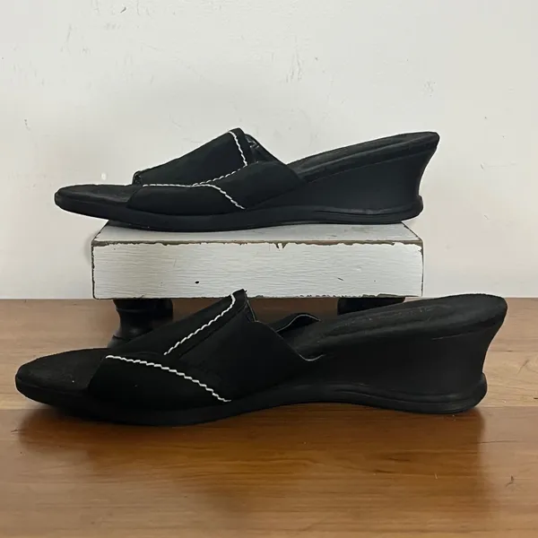 Eurostep Allspice Black Leather Wedge Sandals Slides White Stitching Womens‎ 9M - Image 3