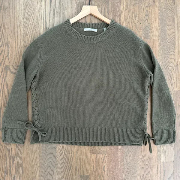 Vince 100% Cashmere Crew Neck Side Tie Long Sleeve Relaxed Fit Sweater Olive XS - Image 5