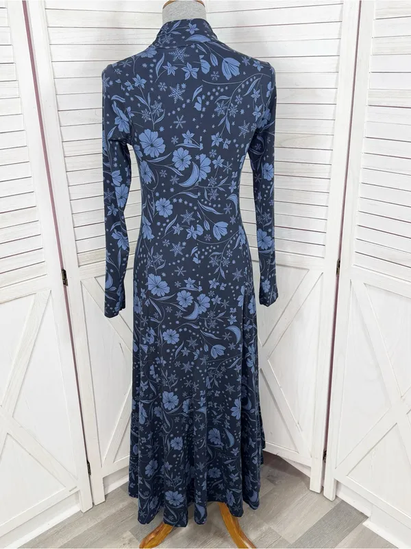 Loft Floral Snowflake Mock Neck Long Sleeve Maxi Dress Blue XS Winter Chic Boho - Image 5