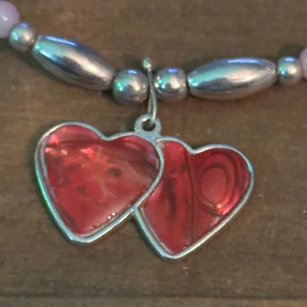 Vintage rose quartz bead abalone double heart and cardinal necklace - Image 3