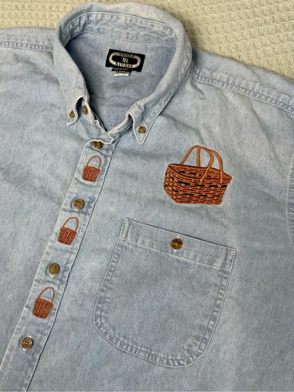 Vintage Embroidered Denim Button Down Shirt XL Baskets Cottagecore Teachercore - Image 2