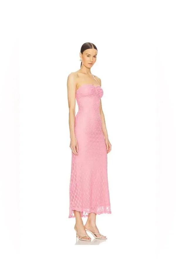 Bardot Pink Strapless Lace Midi Dress - Image 3