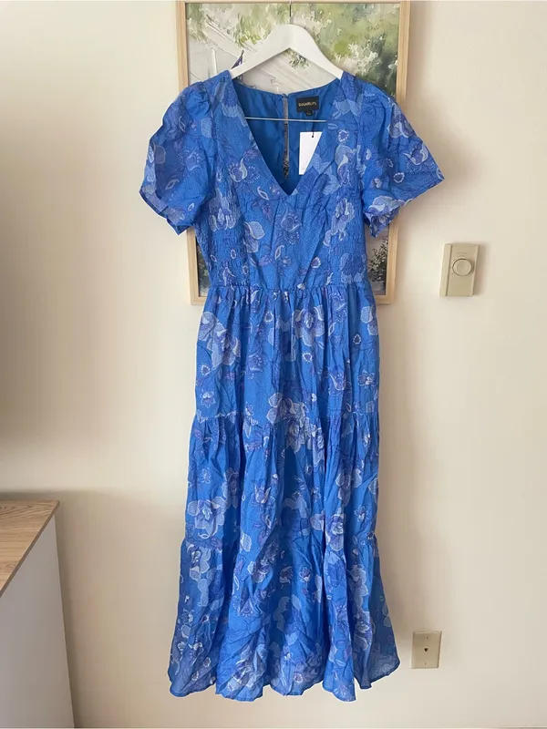 Sugarlips Selma Floral Alexis Poplin Cotton Voile Tiered Midi Dress New Large - Image 4