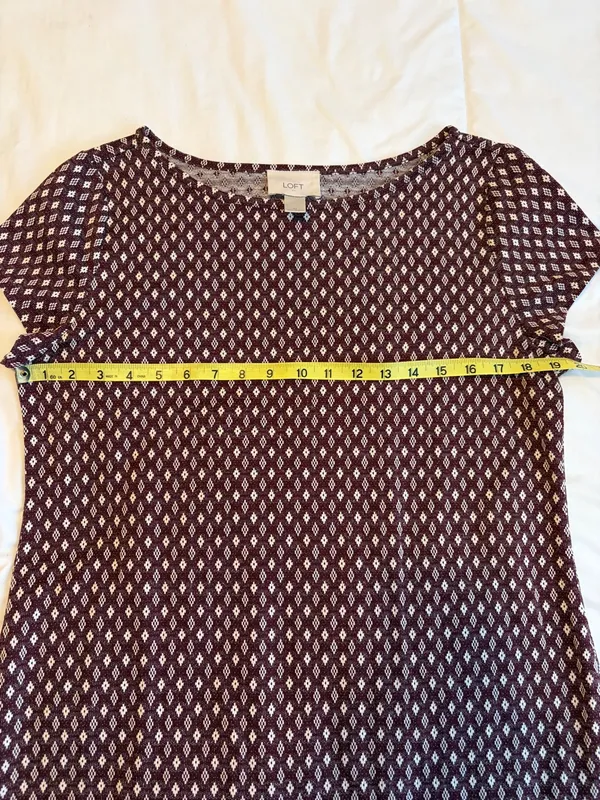 Loft Shift Dress Medium Burgundy Cream Geometric Print Casual Career Teacher D1 - Image 6