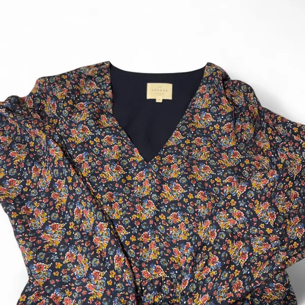 Sézane Penelope Silk Floral Mini Dress in Ochre V-Neck LS Cottagecore French XS - Image 3