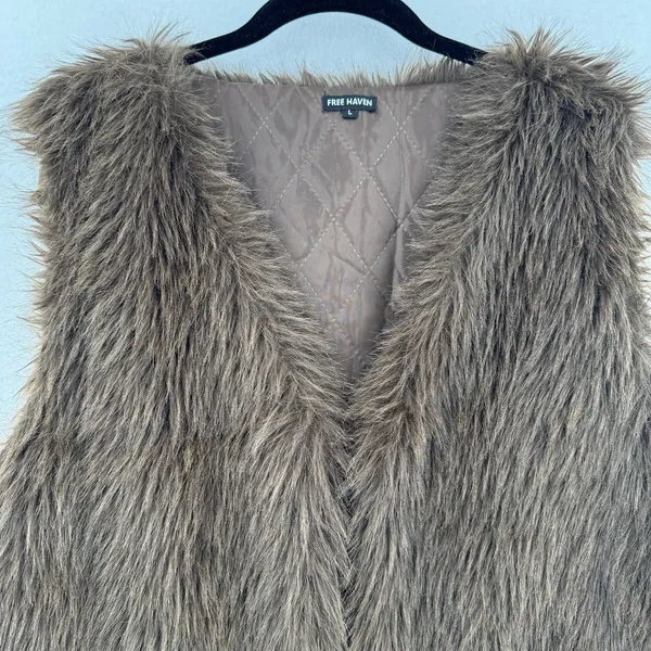 Free Haven Faux Fur Vest Women L Brown Boho Shaggy Open Front Y2K Layering Y2K - Image 3