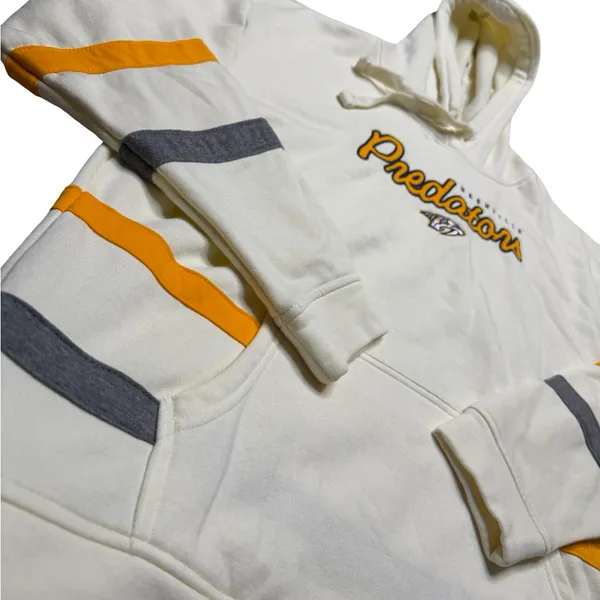 🏒 Nashville Predators‎ Striped Sleeve Hoodie Cream NHL Pullover Large 🏒 - Image 2