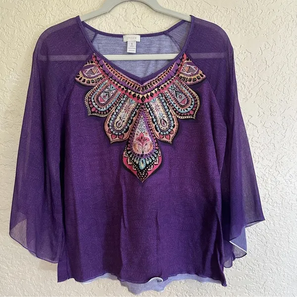 Chico's Top Purple 1‎ Women Embellished Sheer Bell Sleeve Boho - Image 3