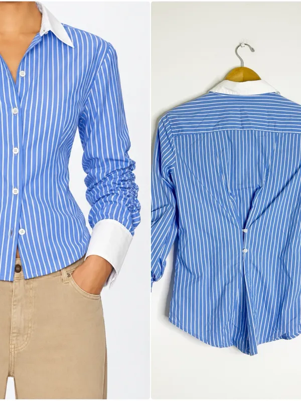 White House Black Market Striped Button Up Blouse Size 4 Ruched Sleeve - Image 2